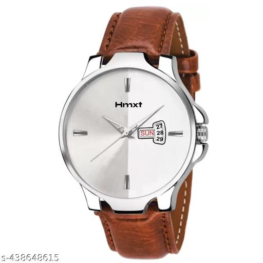 HMXT-168 Day n Date Stunning Silver Brunette Brown Series Men's Leather Analog Watches Classic, Attractive, Professional, top-trendy and stylish Watches for men/boys for office, school use