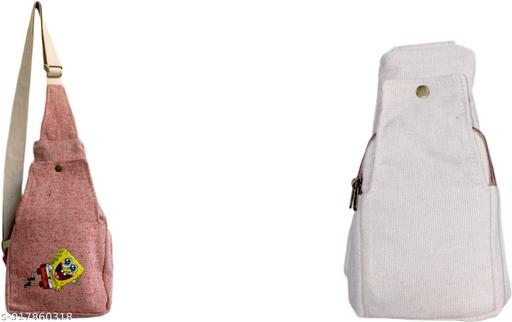 Pink & White Cotton Canvas Sling Bag with Cute Cartoon Character Print | Lightweight Crossbody Shoulder Bag for Kids, Teens, Travel, College & Daily Use