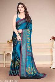 Women's Chiffon Saree with Floral Print and Designer Border