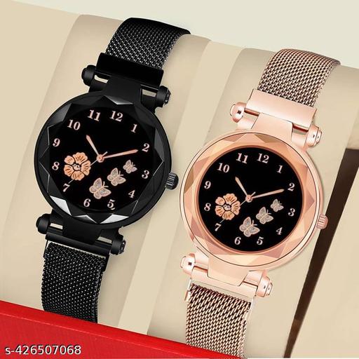 Black Flower Printed Dial Luxury Magnetic Strap Girls Analog Watch