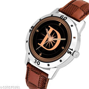 Femeo  Analog 9111 Watches Round Black Dial D Design Stylish Brown Leather Strap Classic Design Fancy Wrist Watch for Men and Boys, Pack of 1 - A07ZALPHA-D-AVO-SIL-BRW-CHL