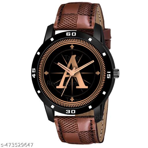 Prathshya Analog Round Black Dial ALPHABET A Design Stylish Brown Leather Strap Classic Design Fancy Wrist Watch for Men and Boys, Pack of 1 - ALPHA-A-AVO-BLK-BRW-CHL
