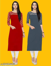 Polyster/Crepe fabric-Pack of 1 Casual And Round-Neck 3/4 Length Sleeves Red & Grey Kurti (42"Inches)