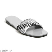 Sosu Women Stylish Grey Black Silver Woven Sliders | Designer Flat Slippers for Women | Trendy Party Wear Fancy Sandals | Comfortable Daily Wear Slides | Lightweight Fashion Chappal