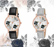 SHREE GORGEOUS FLOWER DESING LATHER ANALOG WATCH FOR GIRLS AND WOMEN COMBO (PACK OF 2)