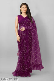 Net Fabric Sequence Work Ruffle Design Saree With Unstitch Blouse