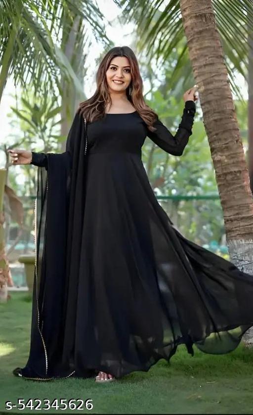fabric by Georgette round neck stylish sleeve plan long wear casual formal wedding function party wear gown women dress long and girl