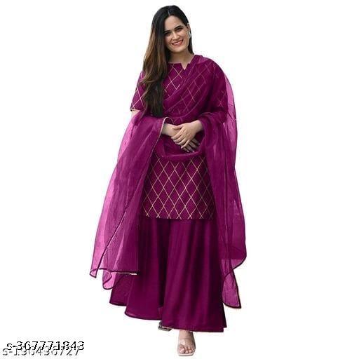 Eshanay Fashion Women's Beautiful Rayon Printed Round Neck Kurta And Sharara With Net Dupatta Set