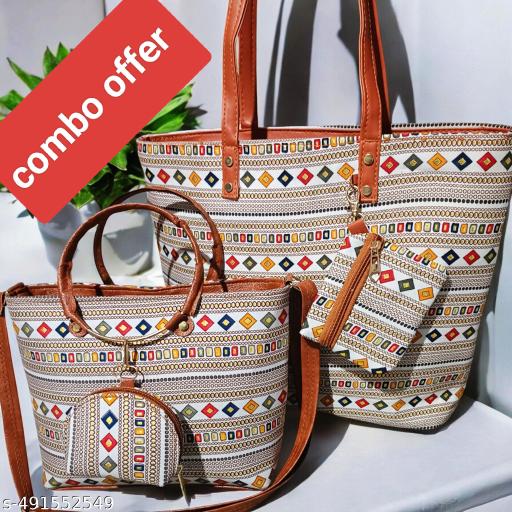 4 in one Stylish Handbag Combo Set for Women | Ethnic Printed Tote, Shoulder & Sling Bag with Wallet | Trendy Ladies Purse for Daily Use, Office, Travel & Party | Premium PU Leather & Fabric