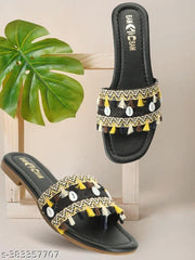 BAMBAM Women's Elegant Embroidered Woven Strap Flat Sandals | Fashionable Tassel Detail Comfort Wear Footwear for Casual & Travel Use