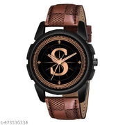 Prathshya Analog Round Black Dial ALPHABET S Design Stylish Brown Leather Strap Classic Design Fancy Wrist Watch for Men and Boys, Pack of 1 - ALPHA-S-J16-BLK-BRW-CHL