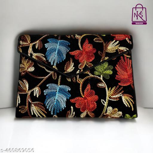 NAKASA Women's Kashmiri Handmade Flower Embroidery Small Black Clutch Cum Sling Bag