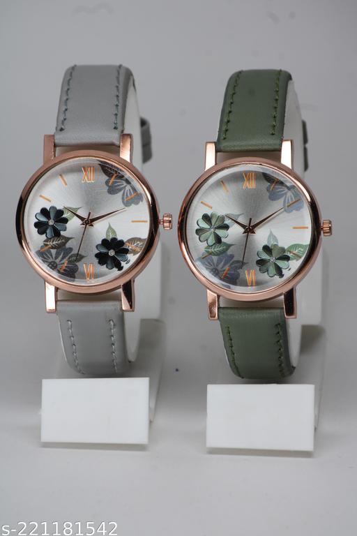 Attractive Flower Design Lather Belt  Analog Watches Combo For Girls & Women