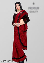 Red Lycra Saree with Sequins Work Blouse | Modern Ruffle Saree for Women