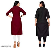 Trendy Attractive Traditional Women Solid A-Line Kurtis With Mandarin Collar,Show Button & Pocket (Pack of Two - Maroon & Black, Fits for Christmas Day & New Year 2026 Celebration)