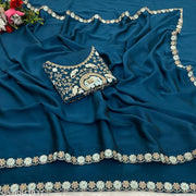Women's Blue Heavy Embroidered Silk Saree with Cutwork Border & Figure Designer Blouse Piece