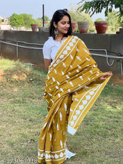 JAIPURI, BAGRU HAND BLOCK PRINT PURE SOFT COTTON MULMUL SAREE WITH BLOUSE PIECE