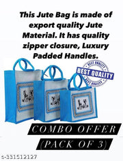 Printed Eco-Friendly Tribal Canvas Print Jute Bag/Shopping Bag/Grocery Bag with Zip Closure (Blue), Pack of 3