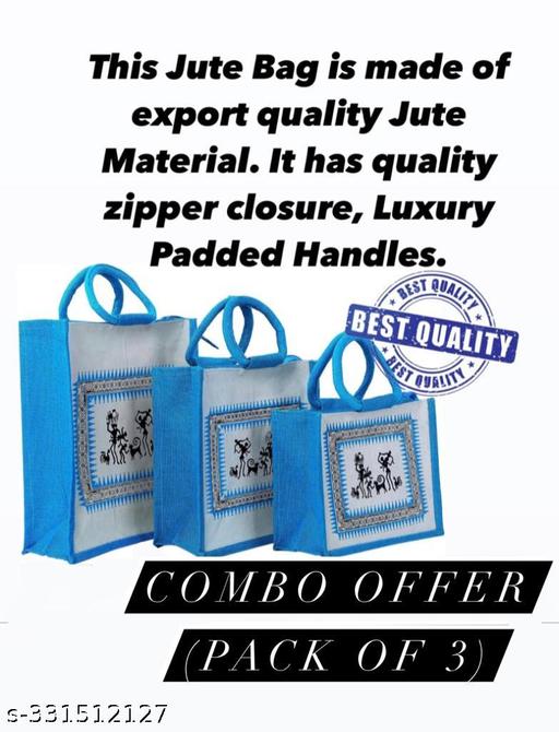 Printed Eco-Friendly Tribal Canvas Print Jute Bag/Shopping Bag/Grocery Bag with Zip Closure (Blue), Pack of 3