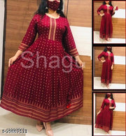Aagam Petite Kurtis Women Printed  Rayon Ethnic Dress  (Maroon, M-4XL)