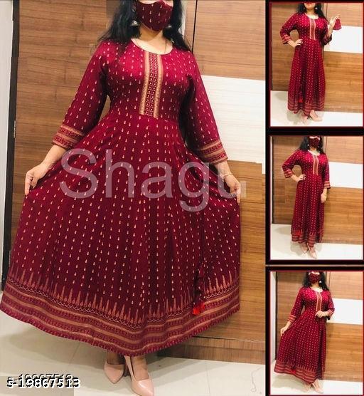 Aagam Petite Kurtis Women Printed  Rayon Ethnic Dress  (Maroon, M-4XL)