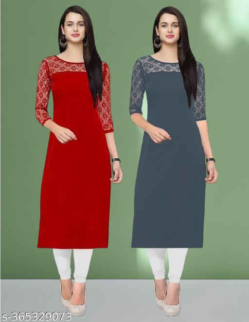 Pack of 1 Casual American Crepe And Net Round-Neck 3/4 Length Sleeves Red & Grey Kurti (42"Inches)