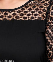 Casual American Crepe And Net Round-Neck 3/4 Length Sleeves Black Kurti (45"Inches)