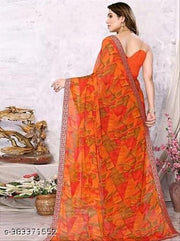 Orange Saree with Lace Border, Comfortable Georgette Printed Daily Wear Saree with unstitched Blouse Piece, New Arrival Latest saree, Trending Saree