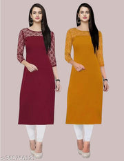Pack of 1 Casual American Crepe And Net Round-Neck 3/4 Length Sleeves Maroon & Yellow Kurti (42"Inches)