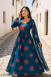 Ledies Stylish Fancy Trendy Printed Poly Georgette Maxi Flared Gown For Women For Party Wedding Festival Functions very comfortable