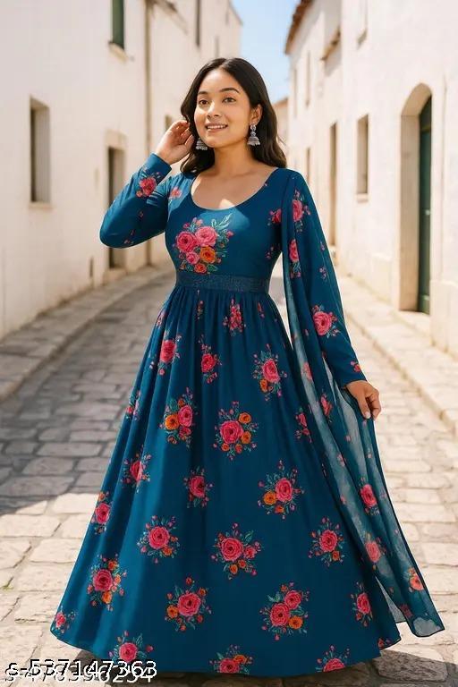 Ledies Stylish Fancy Trendy Printed Poly Georgette Maxi Flared Gown For Women For Party Wedding Festival Functions very comfortable