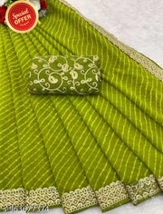 Women Green Leheriya Pattern Saree with Embroidered Lace Border, Traditional Ethnic Wear Saree, Festival Wear Fancy Saree for Women with Matching Blouse Piece