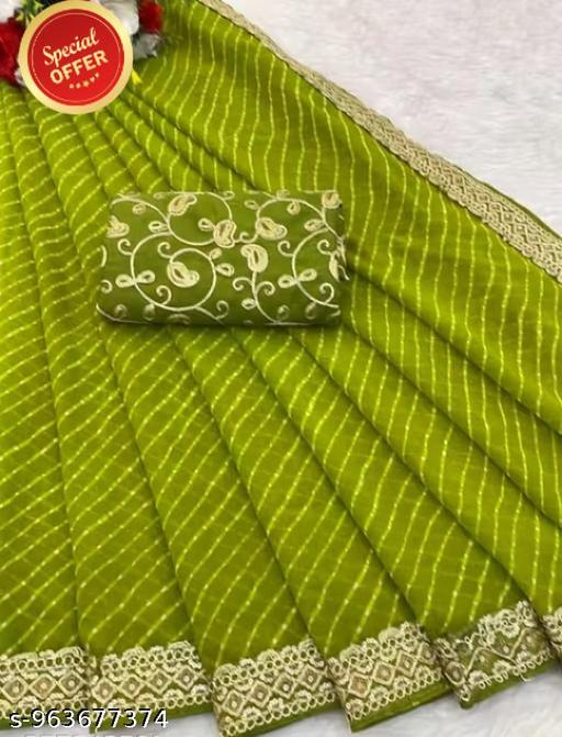 Women Green Leheriya Pattern Saree with Embroidered Lace Border, Traditional Ethnic Wear Saree, Festival Wear Fancy Saree for Women with Matching Blouse Piece