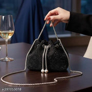 Fantastiqo Luxury Rhinestone Bucket Sling Bag for Women – Sparkling Evening Shoulder Purse with Silver Chain- Black