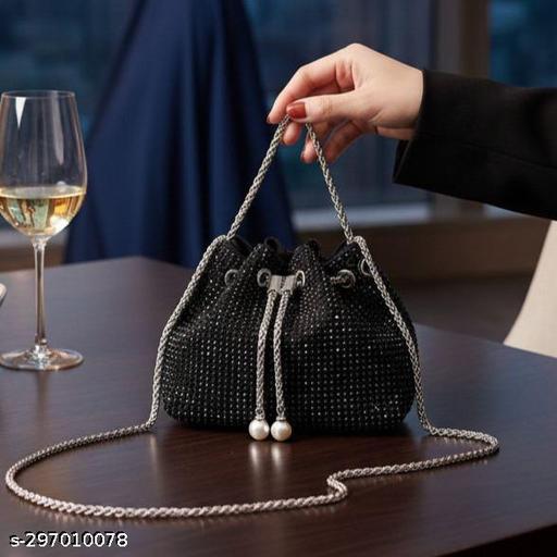 Fantastiqo Luxury Rhinestone Bucket Sling Bag for Women – Sparkling Evening Shoulder Purse with Silver Chain- Black