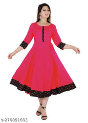 HF HOLYDAY FASHION Cotton Plain and Solid Printed Black Border Anarkali Style Kurti Kurta For Women Latest Design Ladies Dresses Top Round Neck Flared Stylish Party Wear Readymade Frock Fancy Girls Dress   3/4 Sleeve Knee Length Casual Kurtis