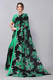 Women's Green Floral Printed Georgette Saree with unstitched blouse piece