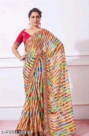Fancy white lehriya georgette saree with maharani lace and blouse