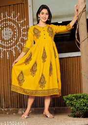 Mustard Rayon Kurti |summer attire fot girls | office clothes for girls |Indian attire for girls |Regular Fit Kurti |Long designer kurti for women |Cotton blended rayon kurti | soft material kurti for women |