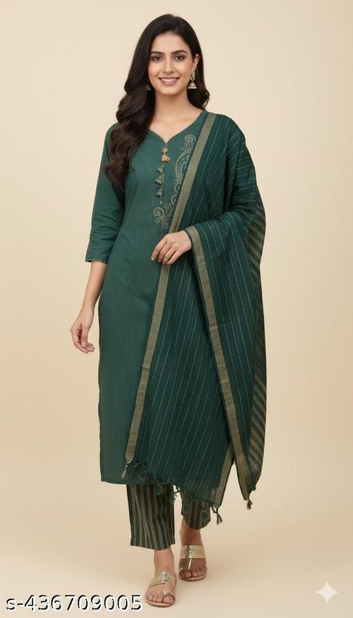 Women’s Deep Green Slub Cotton Kurta Set with Sequin Work and Striped Trousers....