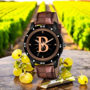 Femeo  Analog 9109 Watches Round Black Dial F Design Stylish Brown Leather Strap Classic Design Fancy Wrist Watch for Men and Boys, Pack of 1 - A07ZALPHA-F-AVO-BLK-BRW-CHL