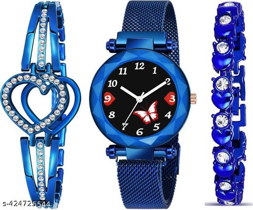 Butterfly Dial Magnetic Strap Watch And Fancy Bracelet Combo Set Girls