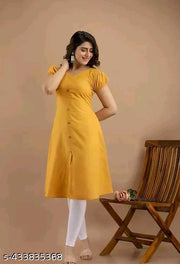 Women's&Girl's "Rayon"  Fashionble v-neck with puff sleeb  stylish kurti(mastardyellow)