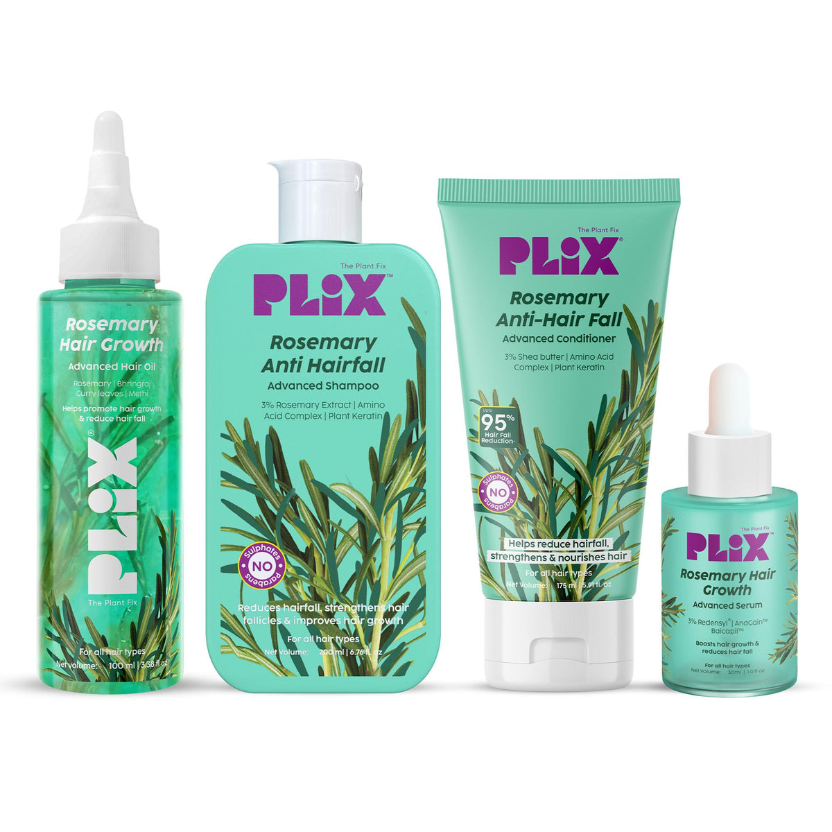 Plix Rosemary Anti-Hairfall Advanced Kit with Oil, Shampoo, Conditioner & Serum – 30ml + 200ml + 175ml + 100ml