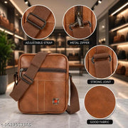 IdealBags (1) Three Pocket Premium PU Leather Small Side Bag for Men | Crossbody Messenger Bag