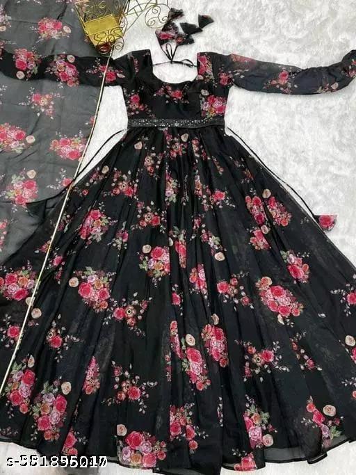Ledies Stylish Fancy Trendy Printed Poly Georgette Maxi Flared Gown For Women For Party Wedding Festival Functions very comfortable