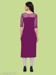 Casual American Crepe And Net Round-Neck 3/4 Length Sleeve Purple Kurti (45"Inches)