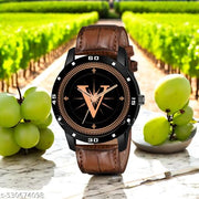 Femeo   Analog 9293  Watches Round Black Dial V Design Stylish Brown Leather Strap Classic Design Fancy Wrist Watch for Men and Boys, Pack of 1 - A07ZALPHA-V-AVO-BLK-DBRW-CRL