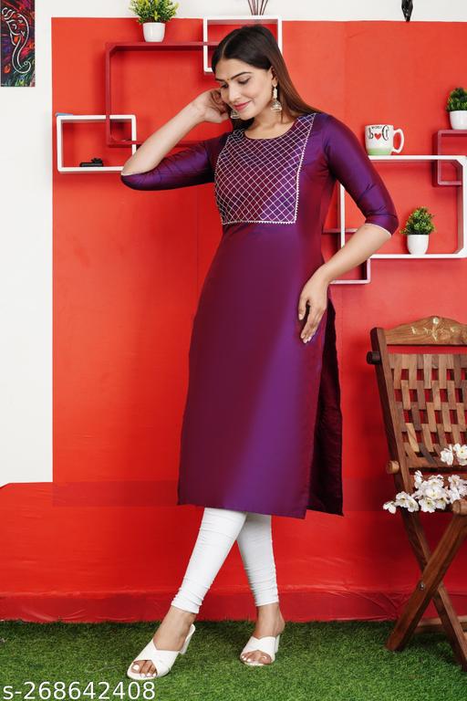 Neha Wine New Stylish ArtSilk Round Neack with Emrodery work  Kurti for Women