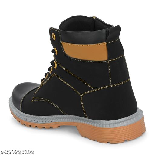 Shoe Island ® Vengeance-X ™ Leather Black Solid Tough Heavy Duty High Ankle Length Mens Casual Long Boots For Men (BAB985-BLACK)
